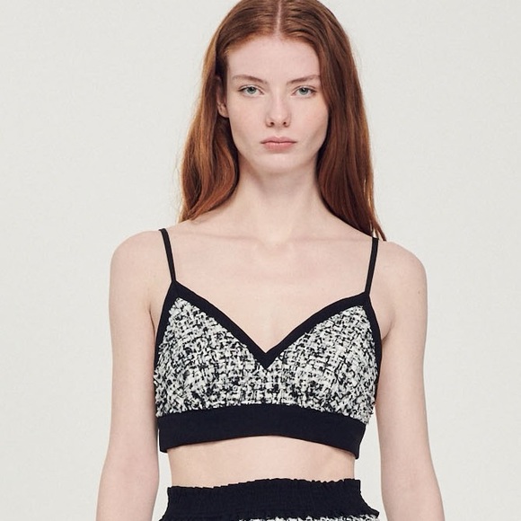 🌻NEW w/tags Sandro Two-Tone Black Gray Tweed Crop Top FR Size 2 / US Size 6 - Picture 1 of 16